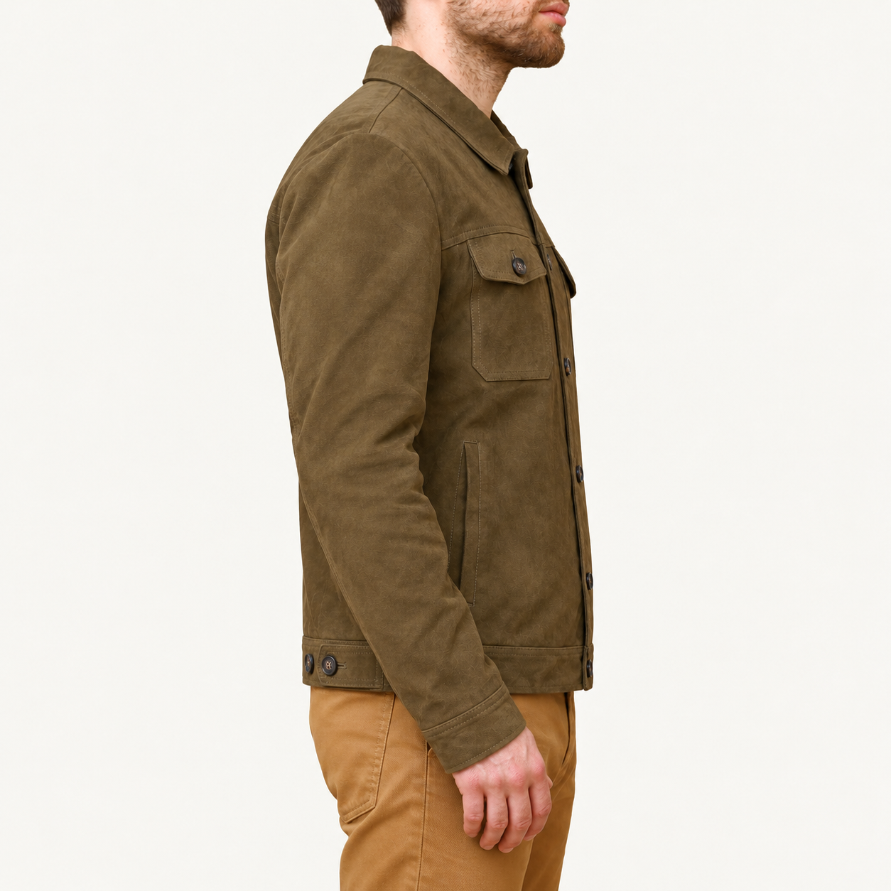 Men's Vintage Olive Brown Suede Leather Trucker Jacket – Classic Button-Front Design Gallery